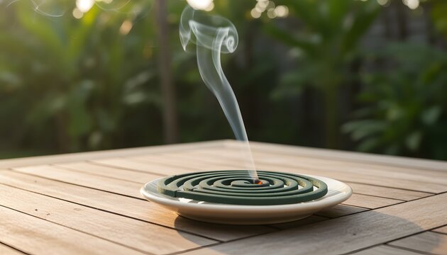 Green mosquito coil burning on a wooden table outdoors in a garden, emitting white smoke for insect protection and pest control concept with warm natural sunlight