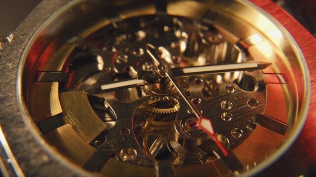 Close view of a mechanical watch showing gears, springs, and intricate details during a warm afternoon light