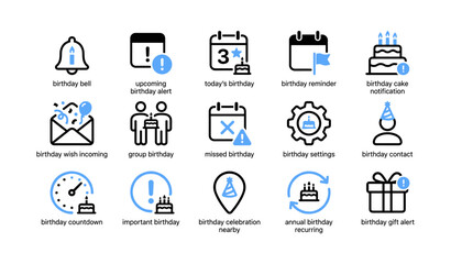 Naklejka premium Birthday and reminder icons arranged in grid on white background