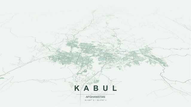 Modern minimalist vector map of Kabul, Afghanistan. High-quality scalable illustration of Kabul city grid, Kabul River waterfront axis for posters design.