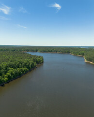 Fototapeta premium Aerial view of Falls Lake near Raleigh, North Carolina. The lake serves as a source of drinking water and a recreation spot for Raleigh