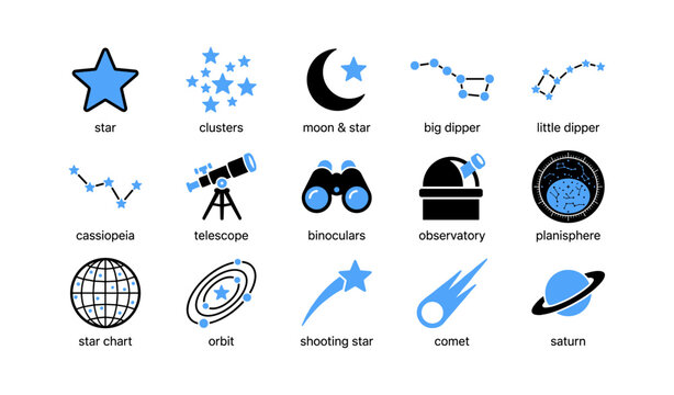 Astronomy and space icons arranged in grid on white background