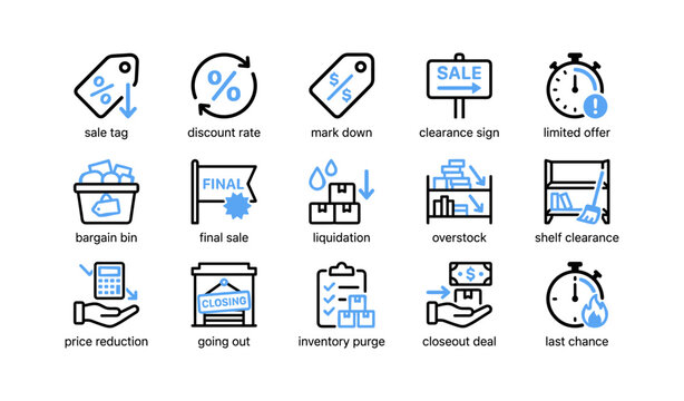 Retail clearance and sale icons illustrating markdowns and discounts