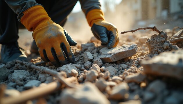 Worker in gloves sorts rubble and debris from destroyed building. Person clears wreckage after earthquake or demolition. Recovery effort continues in dusty, sunlit area.