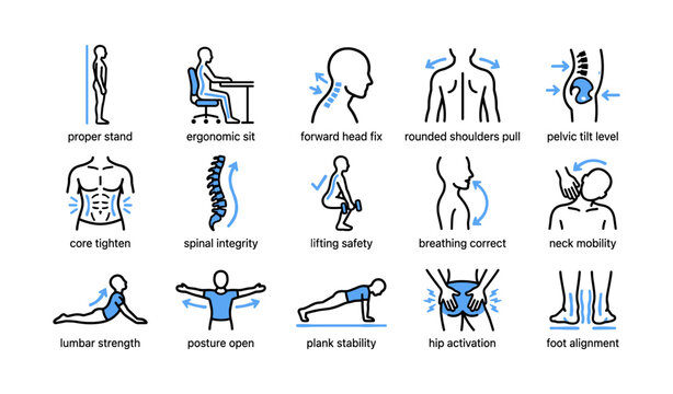 Posture and mobility icons illustrating body exercises grid