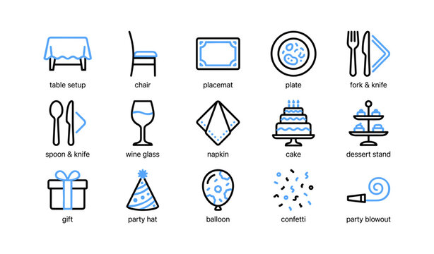 Party and table setting icons arranged in a grid layout