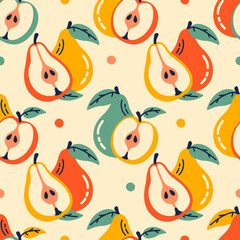 Obraz premium Pear fruit flat style seamless pattern featuring different color pears cut in half and whole pears on a clean plain background. Playful fruit design.