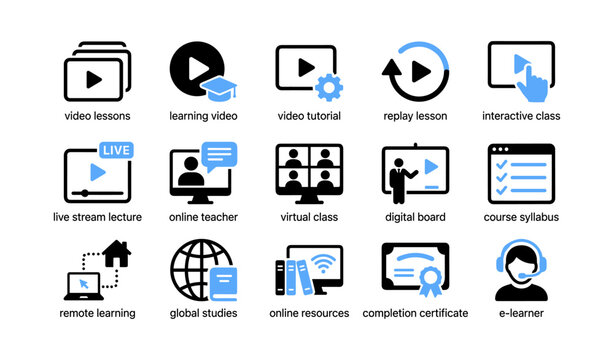 E learning icons showing online classes and resources in grid