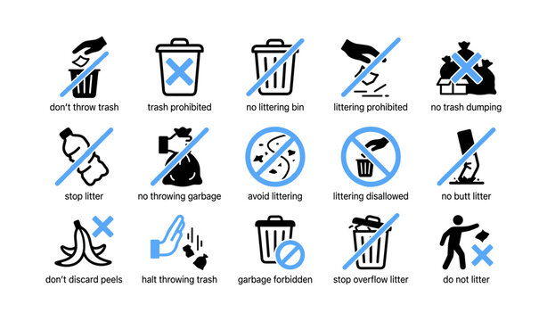 No littering icons showing prohibited trash disposal signs