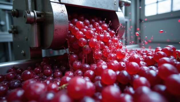 Red grapes crush in stainless steel machine for juice production. Red liquid splashes inside industrial winery. Agricultural process, winemaking, fermentation.