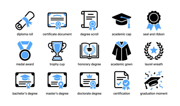 Academic and graduation icons set showing degrees and awards
