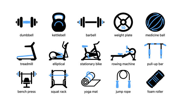 Gym equipment icons arranged in grid on white background