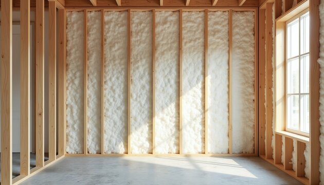 Interior of house under construction with wooden framing and wall insulation. Sunlight streams through a window illuminating the unfinished room. Concrete floor shows shadows. Home building process.