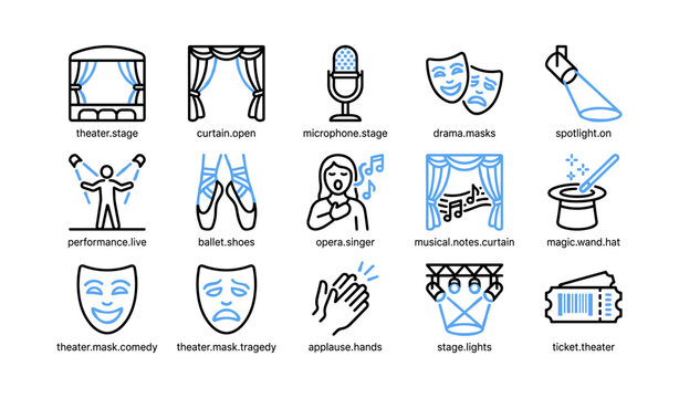 Theater icons grid showing stage performance and musical symbols