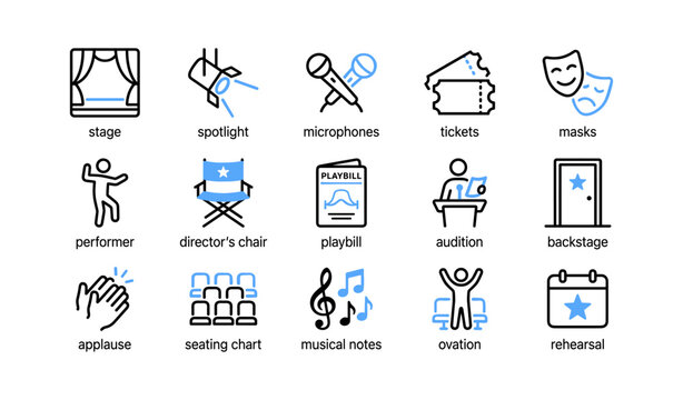 Theatre and performance icons showing stage equipment and roles