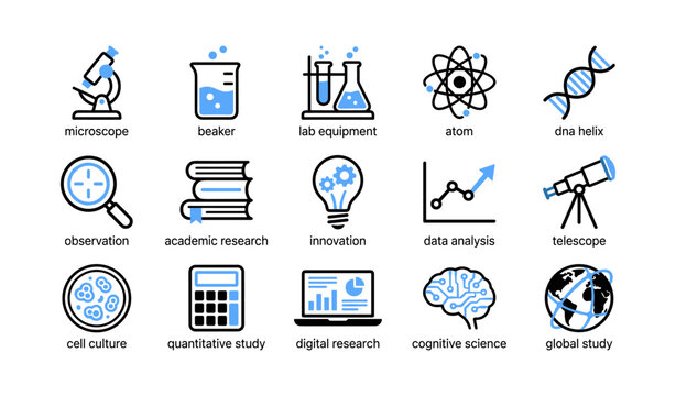 Science icons showing lab tools and data on white background