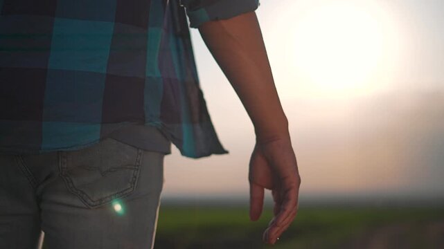 Plaid shirt flows behind walking man. Close-up hand gesture during sunset. Walking man gestures in field. Plaid shirt moves freely in air. Rural path under foot, plaid in soft walking motion.