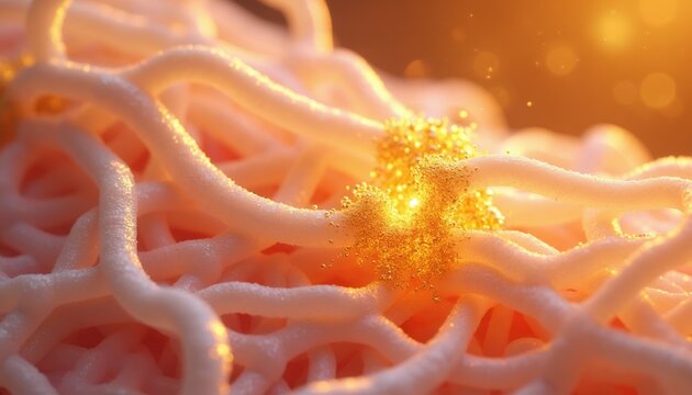 Microscopic view of skin cells with golden serum droplets. Collagen fibers are stimulated by active ingredients for anti aging effects. Science research for cosmetic production.