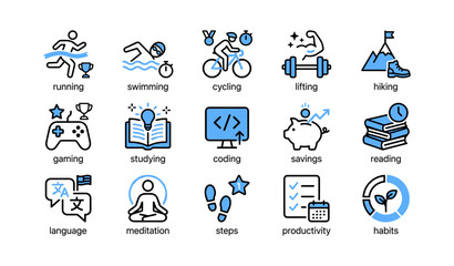 Fototapeta premium Activity and habit icons showing sports study and wellness on white