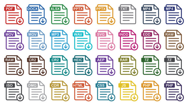 Collection of colorful icons representing different file types with download symbols.