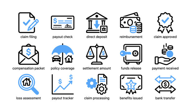 Insurance claim and payout icons showing payment process on white
