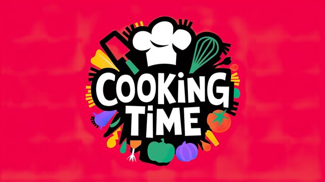 creative cooking time illustration with chef hat, kitchen utensils, and fresh organic vegetables in colorful cartoon style