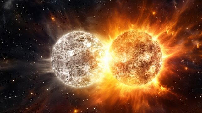 dramatic cosmic collision of two giant burning stars exploding in deep galaxy background