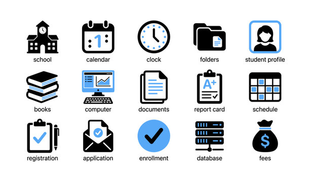 School and enrollment icons arranged on white grid layout