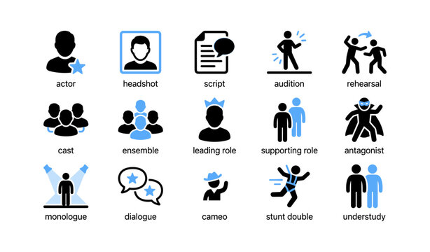 Actor and performance role icons in a grid on white background