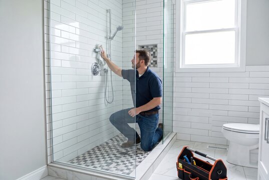A plumber kneeling and cleaning a modern shower faucet with a cloth in a bright bathroom.