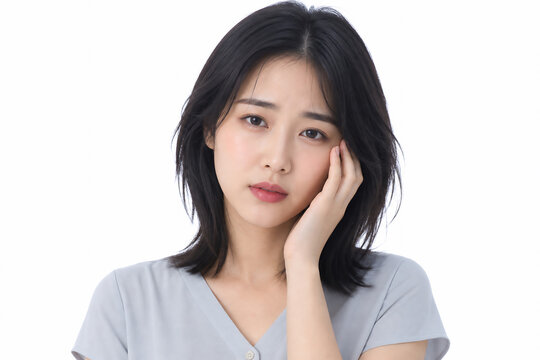 頬に手を当てて悩む若い女性 Generative AI