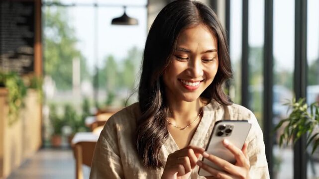 A smiling young Vietnamese woman enthusiastically engaging with her smartphone, her fingers expertly navigating the touchscreen while positioned within a softly lit, comfortable cafe filled