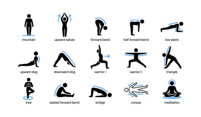 Fototapeta premium Yoga pose icons showing common asanas on white background