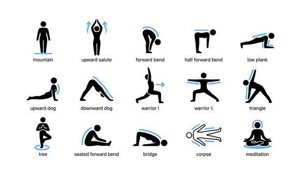 Yoga pose icons showing common asanas on white background
