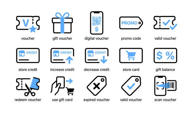 Voucher and gift card icons arranged in grid on white background