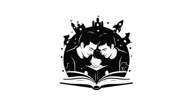 black and white illustration of book with rocket and cityscape