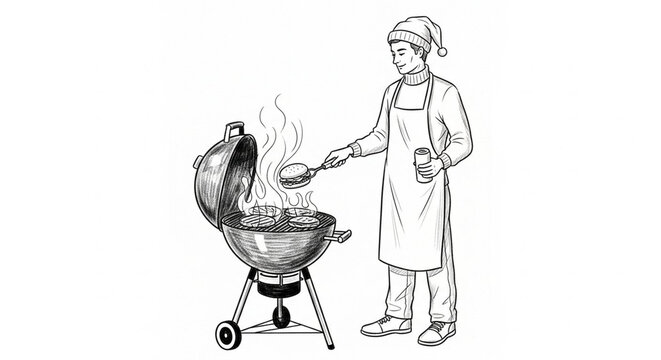 Chef grilling food on outdoor barbecue with professional tools.