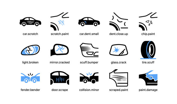 Car damage icons showing scratches dents and broken parts on white