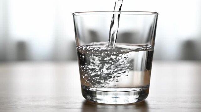 Capturing the refreshing essence of crystal clear water being poured into a transparent glass vessel, creating a mesmerizing cascade of bubbles and ripples to quench thirst and promote