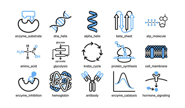 Biology icons illustrating molecular and cellular processes on white