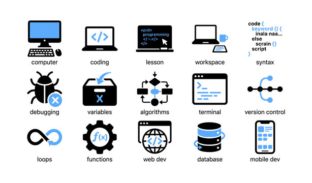 Programming and development icons showing coding tools on white