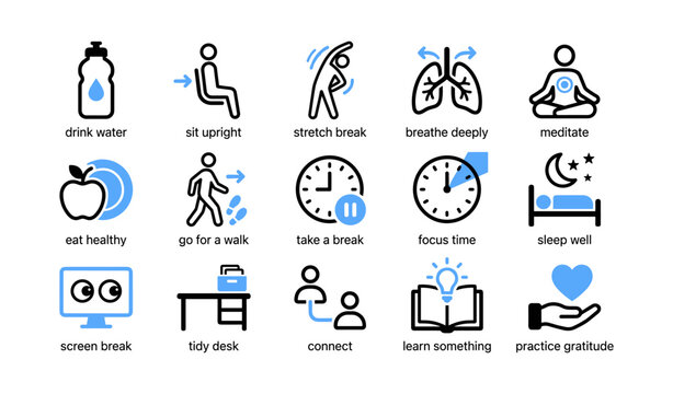 Wellbeing habit icons showing healthy breaks on white background