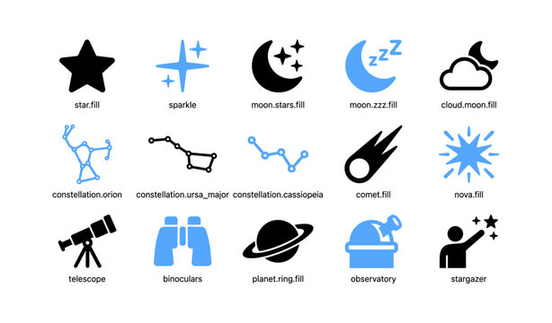 Astronomy and stargazing icons in labeled grid on white background