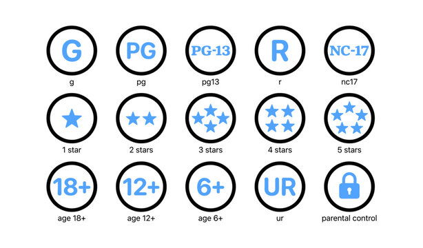 Content rating and star review icons on white background