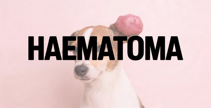 A dog with a noticeable hematoma on its ear is depicted, with the word HEMATOMA boldly displayed across the image.