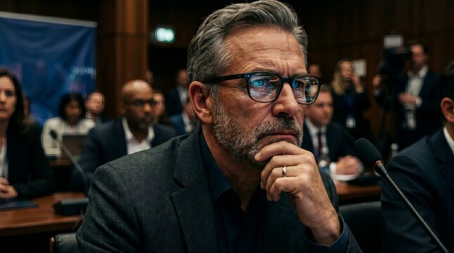 Thoughtful businessman deep in contemplation during a serious meeting or hearing