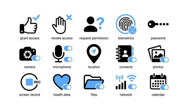 Privacy permission icons showing access controls on white
