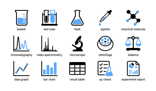 Laboratory equipment and analysis icons arranged in grid layout