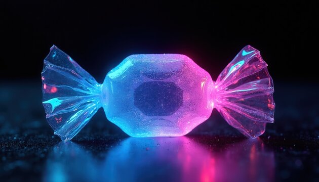 Translucent candy glows with neon pink and blue light. Wrapped in shiny plastic, it sits on dark sparkly surface. Abstract sweet treat with vibrant illumination.