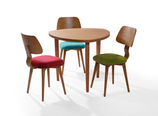 Obraz premium Modern Triangular Wooden Dining Table Set with Colorful Plywood Chairs isolated on white background .